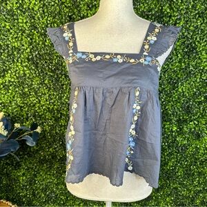 Nwt Unsubscribed embroidered‎ floral Blue  Top  cotton